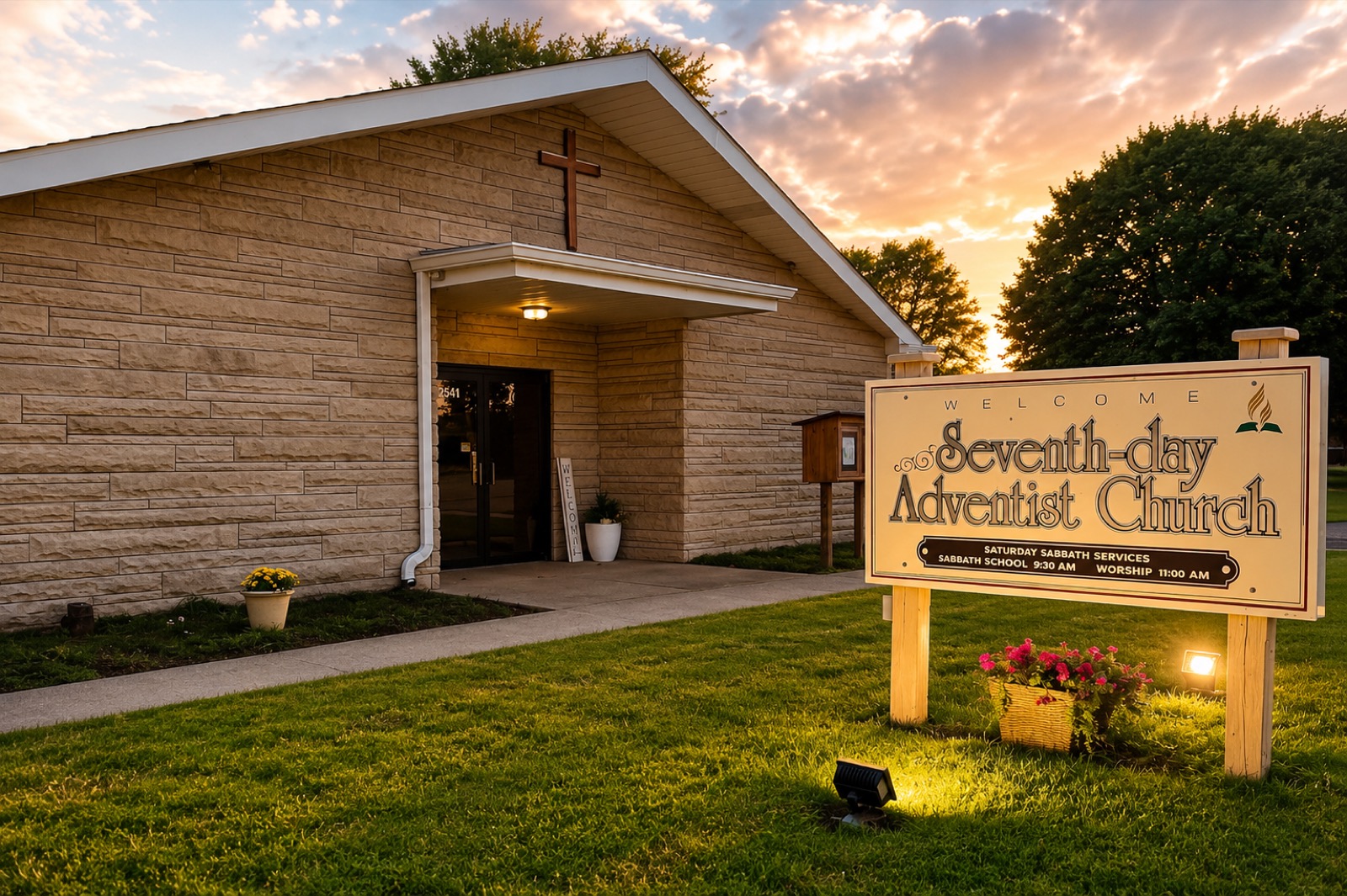 Welcome sign and entrance of Shelbyville Seventh-day Adventist Church
